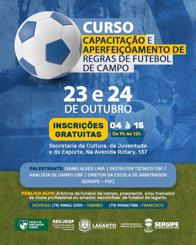 Prefeitura de Lagarto oferece curso gratuito para aperfeiçoamento das  regras de futebol de campo - Prefeitura de Lagarto
